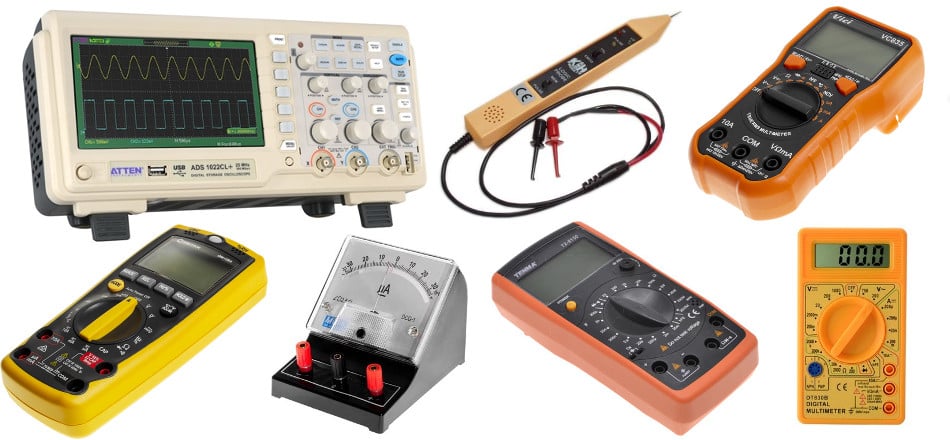 Testing Equipment Collage - Oscilloscope, multimeters, galvanometer and logic probe