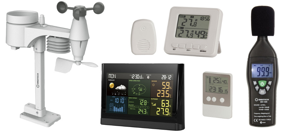 Environmental Test Equipment Collage - Weather Station, sound meter, thermometer, and data logger
