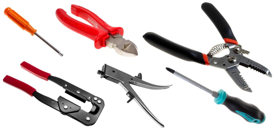 Hand tools - Screwdrivers, Pliers, Crimp Tool, Metal Nibbling Tool, and Wire Stripper
