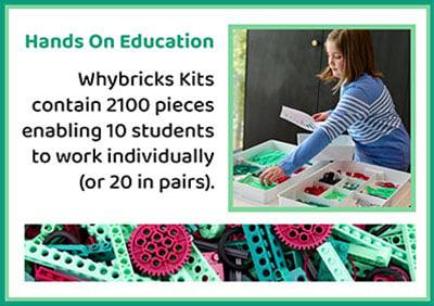 Hands on Education. Whybricks kits contain 2100 pieces enabling 10 students to work individually (or 20 in pairs)