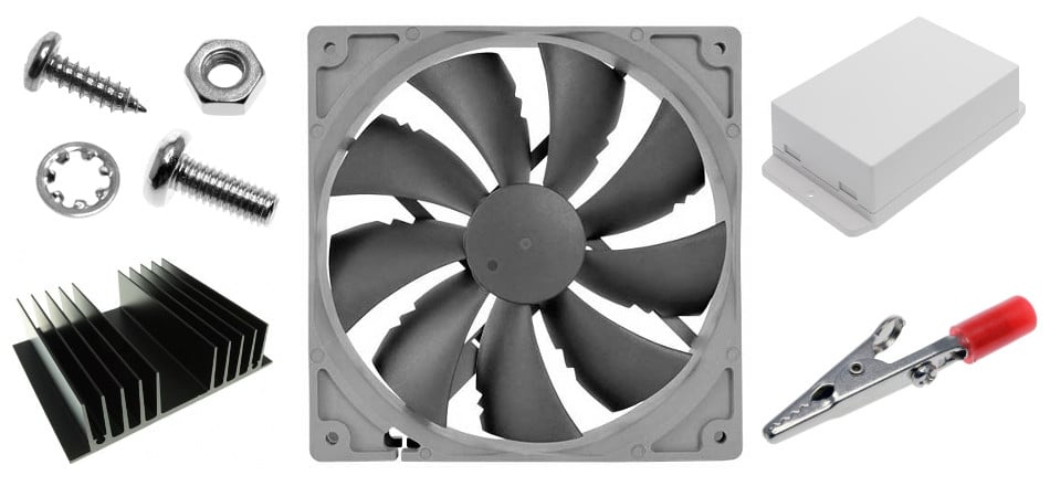 Hardware Components Collage - Fan, alligator clip, case, heatsink, nut, bolt, screw, and washer