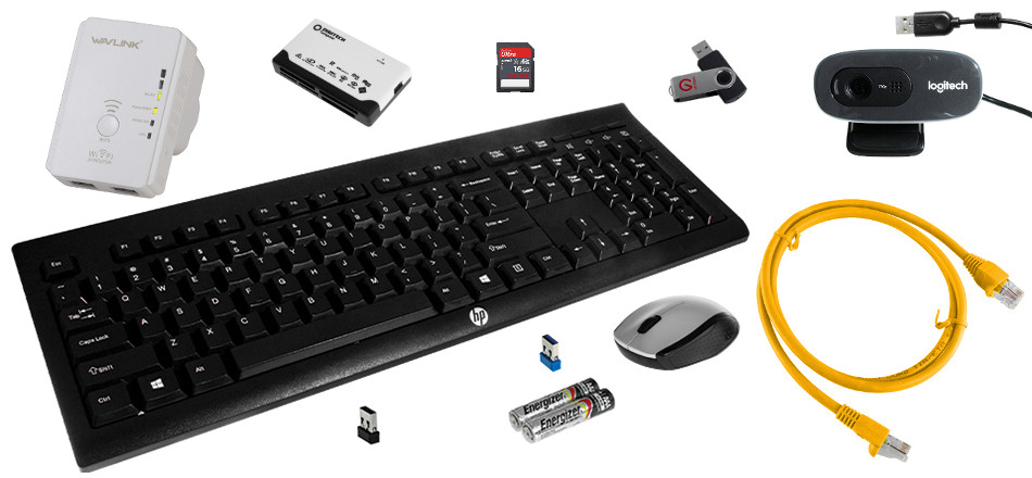 Collage - Keyboard, mouse, ethernet lead, webcam, and memory