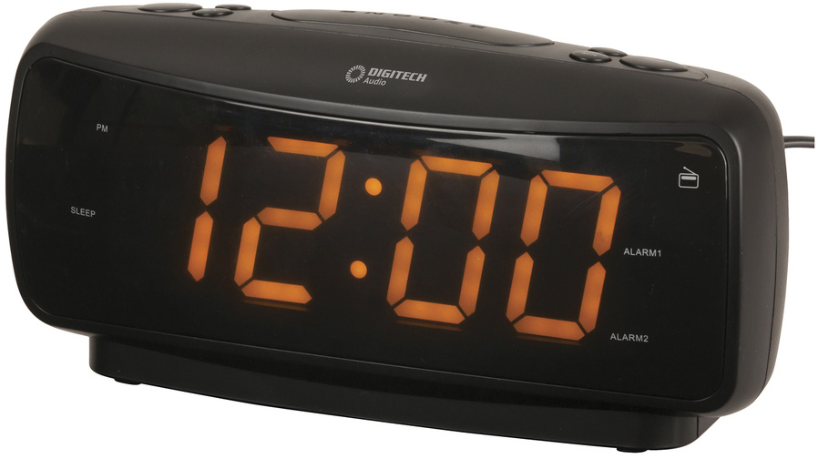 Photo of a large digit alarm clock with AM and FM radio.