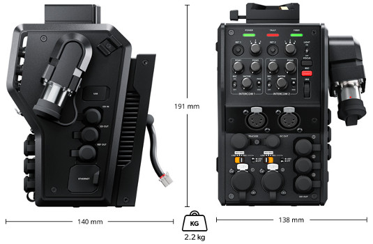 Blackmagic Camera Fiber Converter Dimensions - 138mm width, 140mm depth, 191mm height, 2.2kg weight