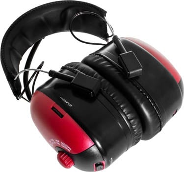 Photo of a pair of AM/FM earmuff radio headset, wireless, with red muffs.
