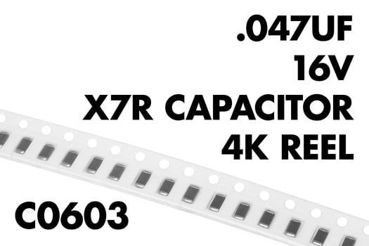 Photo of a reel of 0.047µF 16V C0603 X7R capacitors.