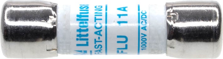 Photo of an 11A fast acting fuse that has a diameter of 10.3mm and is 38mm long.