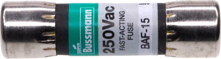 Photo of a 15A 250VAC fast acting fuse that has a diameter of 10.3mm and length of 38mm.