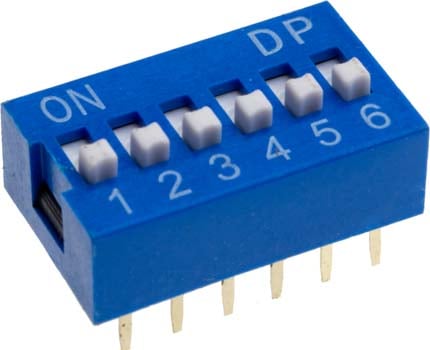 Photo of the top of a 6 way DIL switch.