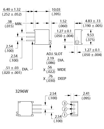 Diagram illustration of the dimensions of a 64W multi turn trimpot.