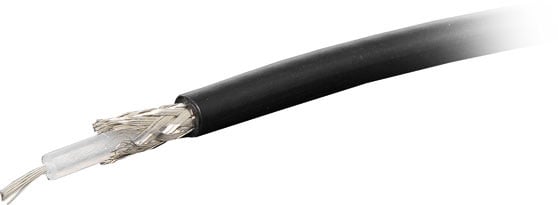 Close up photo of a black RG58 50 ohm coax cable, sold per meter.