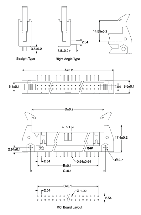 Technical illustration of a 3000 series flat ribbon cable connector.