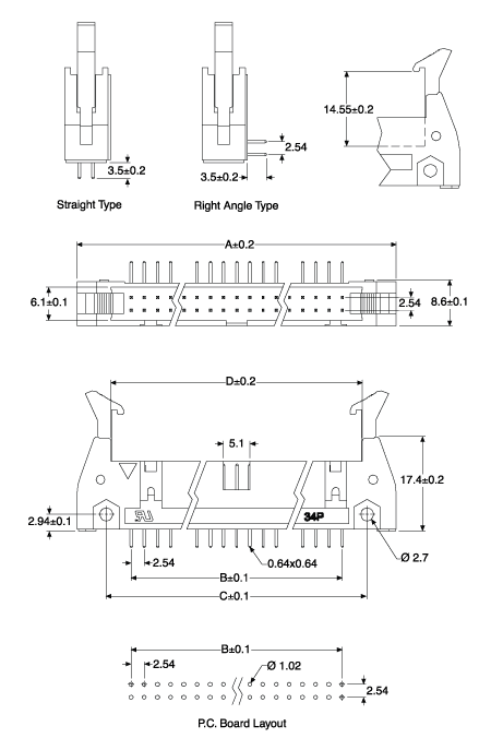 Dimension illustration showing the dimensions of a right angle 3000 series flat fibbon cable header.