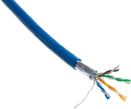 Photo of a CAT5e blue shielded data cable.
