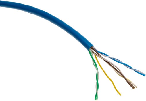 Photo of a CAT5e blue stranded data cable.