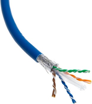 Photo of a CAT6 blue shielded data cable.