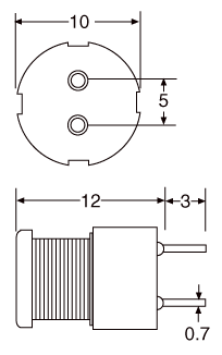 Technical illustration showing the dimensions of a 471K 470µH RF radial choke.