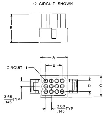 1.6mm Plug Housing Technical Drawing - Shows 12 Circuit