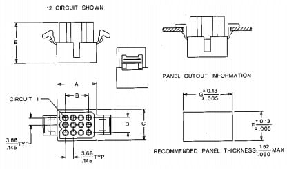 1.6mm Panel Mount Plug Housing Technical Drawing - Shows 12 Circuit