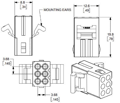 6-Pin M1625-6R Socket Housing Dimensions