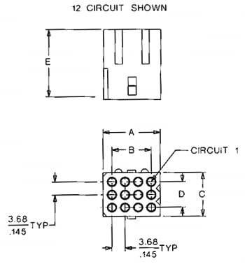 1.6mm Socket Housing Technical Drawing - Shows 12 Circuit