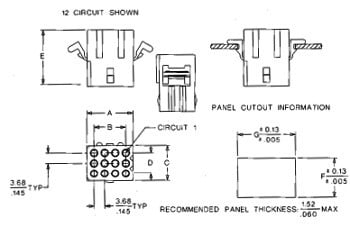 1.6mm Panel Mount Socket Housing Technical Drawing - Shows 12 Circuit