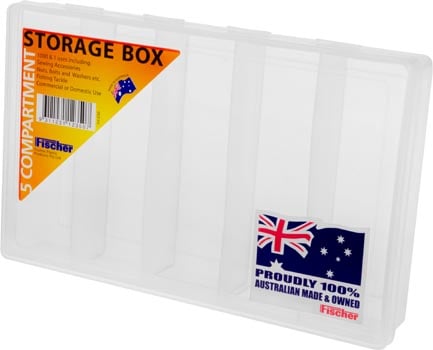 Photo of a 5 compartment parts box.