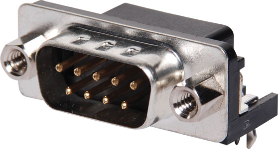 Photo of a male DB09P nine pin right angle PCB connector.