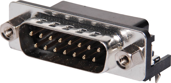 Photo of a male 15 pin DB15P right angle PCB D connector.