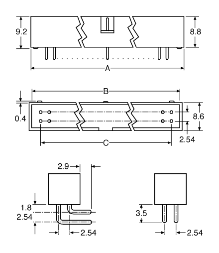 Technical illustration showing the dimensions of a 3012 series of flat ribbon cable connectors.