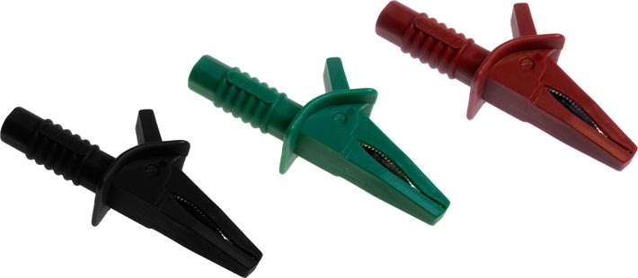 Photo of a set of 3 4mm/25mm FCR79 croc clips, with red, black and green clips.