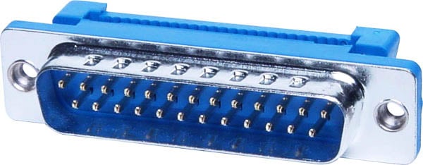 Photo of a male 25 pin DB25P D plug for flat ribbon cables.
