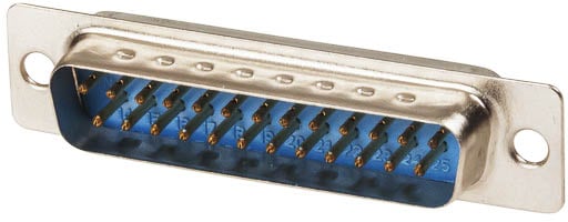 Photo of a male 25 pin DB25P D plug with a solder tail.