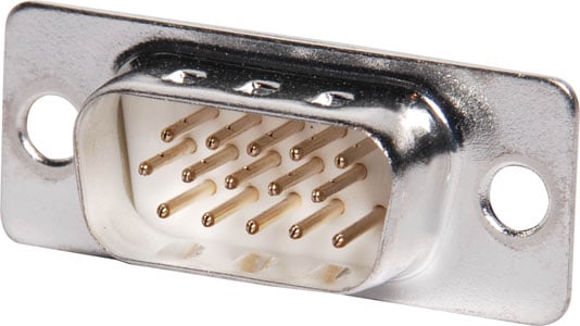 Photo of a 15 pin DB915P high density D plug with a solder tail.