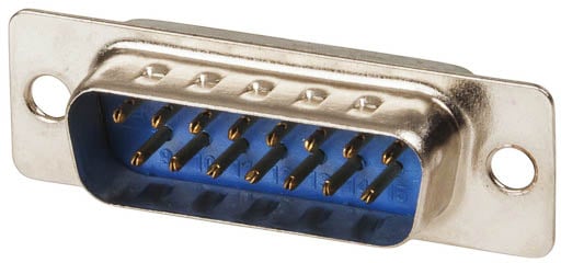 Photo of a male 15 pin DB15P D plug with a solder tail.