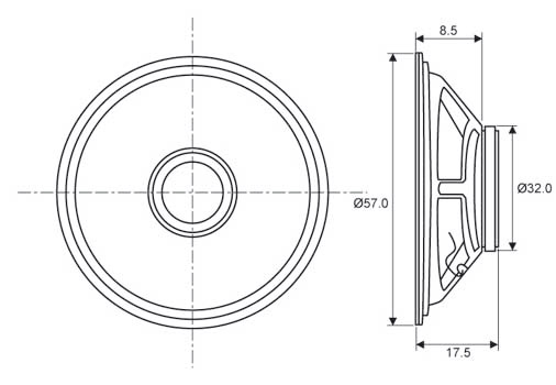 Dimension illustration of a 57mm 8 ohm 0.5 watt speaker.