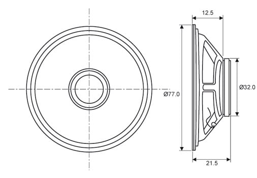 Dimension illustration of a 77mm 8 ohm  1 watt speaker.