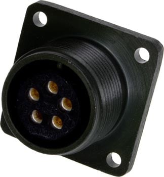 Photo of the front of a 5 contact female panel connector.