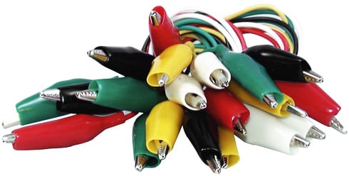 Photo of a set of 10 heavy duty alligator clip jumper leads.