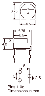 Dimension illustration of a horizontal trimpot.