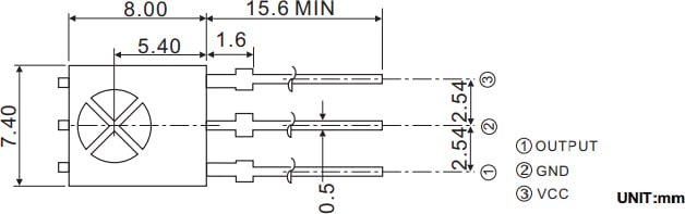 Technical dimension illustration of an IR1261 38kHz 3-5V infrared receiver.
