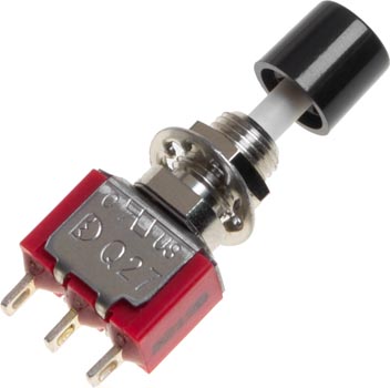 Photo of a single pole double throw (SPDT) locking pushon-pushoff switch.