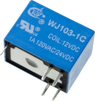 Photo of a micro SPDT WJ103 PCB relay that is 12VDC.