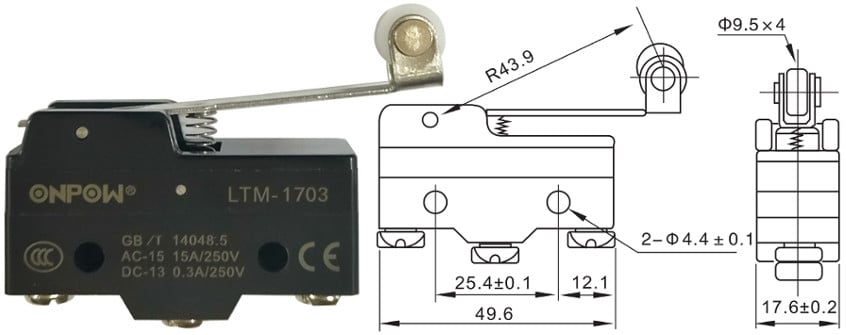 Micro Switch 44mm Roller Lever 1703