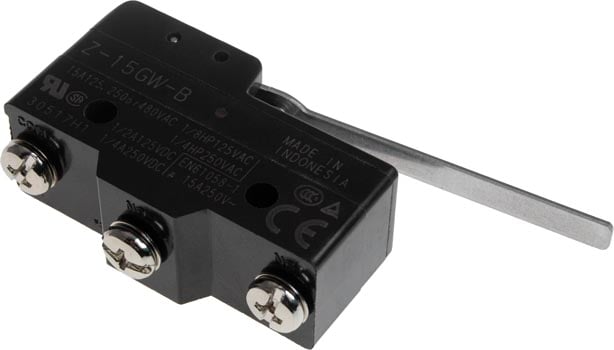 Photo of a Z15GW22B high voltage micro switch with a long lever actuator.