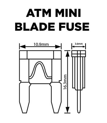 Mini Blade Fuse Diagram - 10.9mm width, 16.3mm height, 3.6mm depth