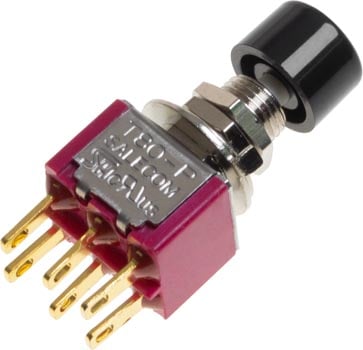 Photo of a double pole double throw (DPDT) monentary pushbutton switch.