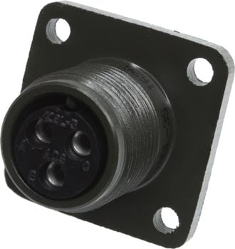 Photo of the front of an MS3102A10SL-35 3 contact female panel connector.