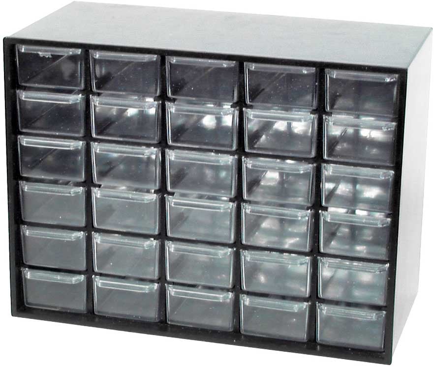 Photo of a stackable parts cabinet with 30 drawers.