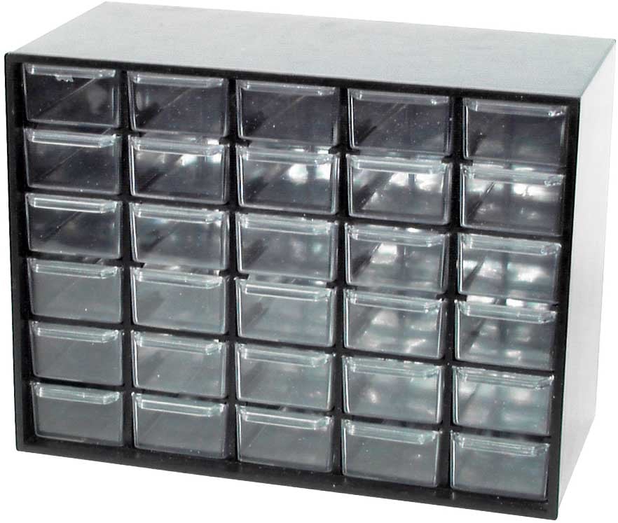 Photo of a stackable parts cabinet with 30 drawers.